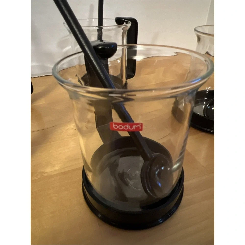 5 bodum Glass Black Handle Mug Coffee Tea Switzerland Snap-On Handle With Spoons